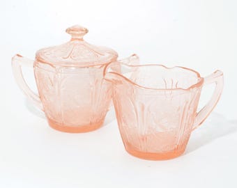 Jeannette Glass CHERRY BLOSSOM Pink depression glass  sugar bowl and creamer set vintage USA