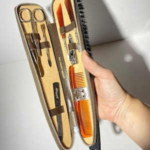 Vintage Men&#39;s kit Leather Austria Germany Brush with zipper compartment Set with manicure kit grooming kit traveler nail scissor