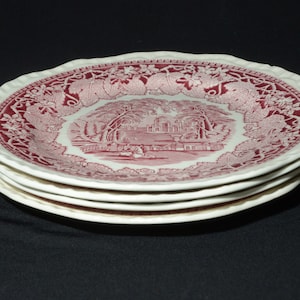 DAMAGED Antique Mason's Vista set of 4 luncheon plate 9 inches Bone China England red pink transferware leaves landscape Gadroon Edge CHIPS
