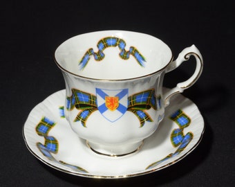 PARAGON Nova Scotia Tartan Teacup and Saucer Set To Her Majesty the Queen Bone China England Gold trim 1957 Canada