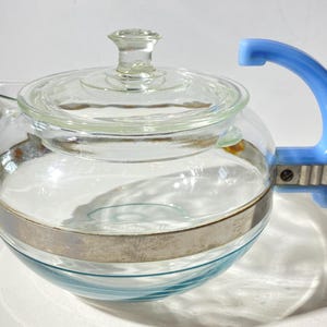 PYREX Flameware 6 tasses théière en verre théière 8126B poignée en verre delphite carafe rétro corning réchaud rare bouton écaillé ap