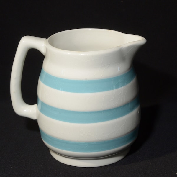 Vintage Colleen Carrigaline Pottery Turquoise Blue and White Stripe creamer Ireland Irish Pottery banded milk jar tiny CHIPS on rim