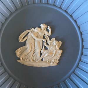 Vintage Wedgwood  Jasperware Angel bow arrow Goddess Greek blue white England round ashtray pin dish, 4 1/2&quot; in diameter rib