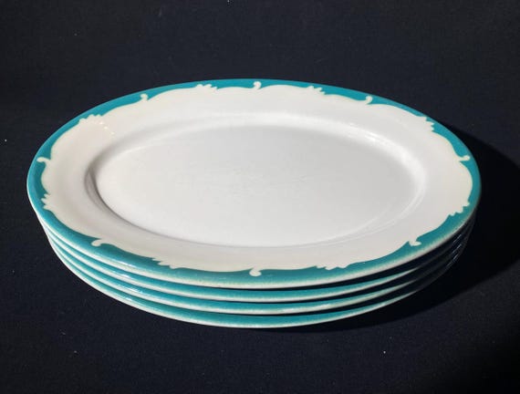 30s〜40s 翡翠ジェダイ3本脚皿　アメリカンアンティークUSAヴィンテージ VANDESCA Wintergreen China of Canada Set of 4 Oval Plate 10.5