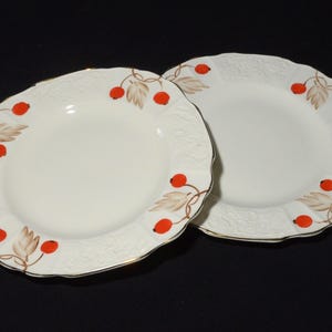 MYOTT Cherry Ripe Bone China set of 2 dessert plate 6.25 inches England handpainted red cherry crazing Staffordshire 2637F embossed