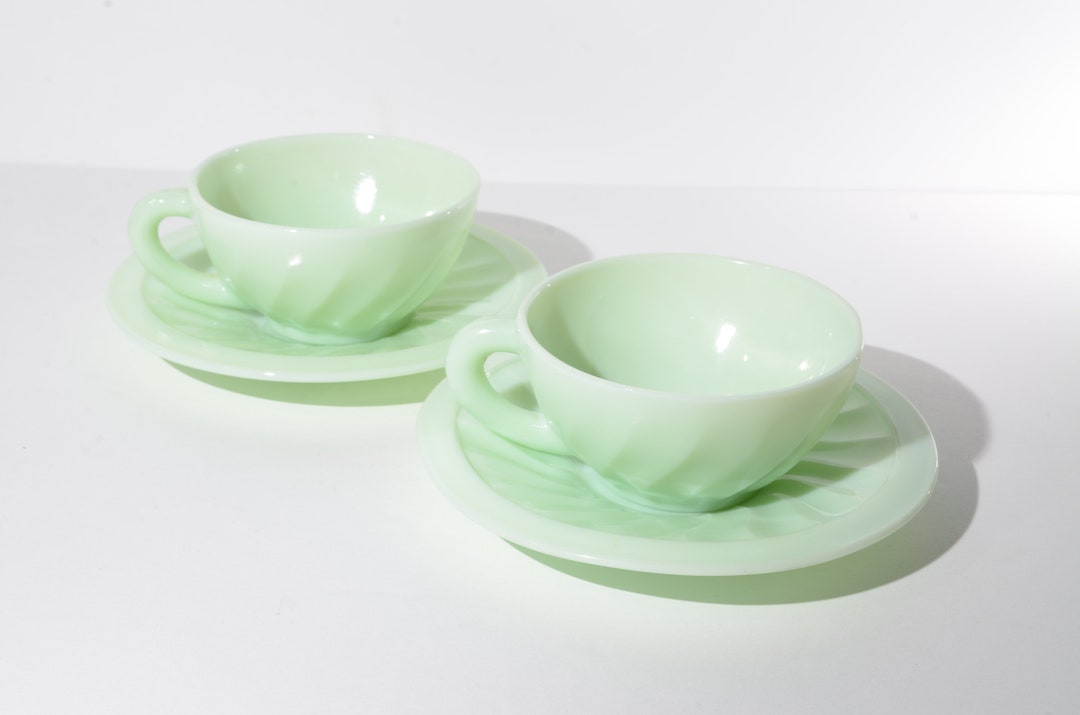 Set of 2 Green Jadeite Jadite Demitasse Teacup and Saucer Set From