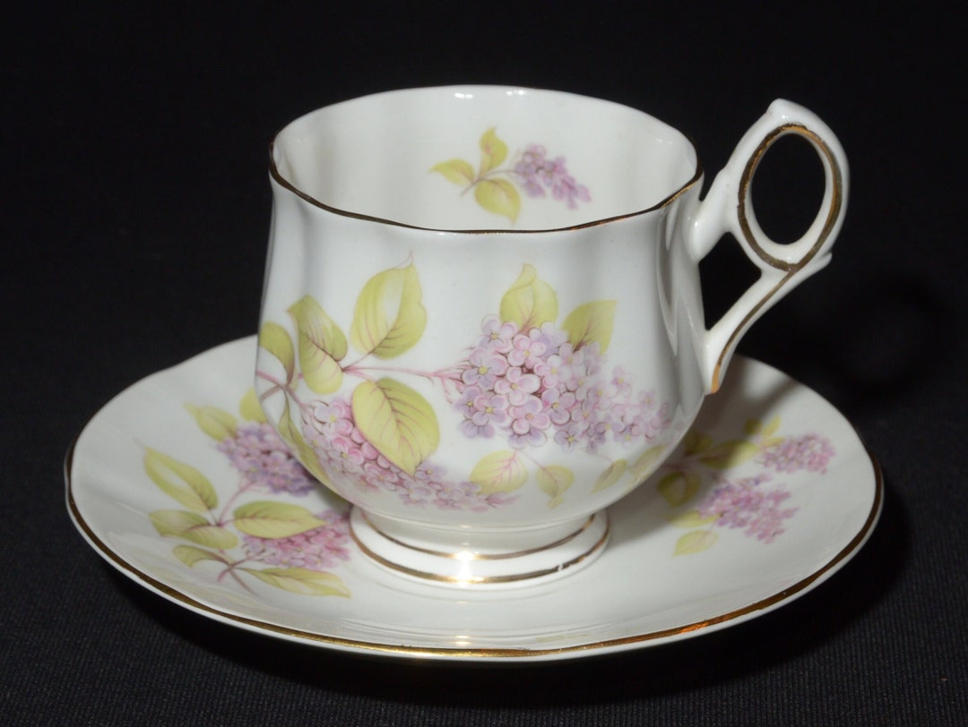 ROSINA Bone China Teacup and Saucer Set Lilac Flowers Gold Rimmed