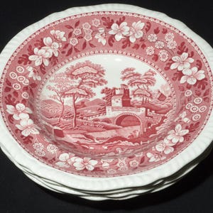 Copeland SPODE'S TOWER Pink set of 4 rim soup bowl 7.75 inches England red transferware scene rose floral Spode Country Scene CRAZING