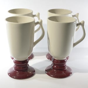 Vintage Hall set of 4 footed mug Pedestal Coffee Mug Cup 6 1/4&quot; tall D Handle irish coffee 1273 USA ivory and burgundy red