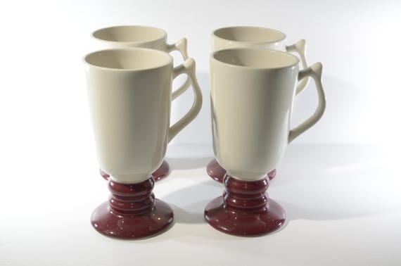 Vintage Hall Set of 4 Footed Mug Pedestal Coffee Mug Cup 6 1/4" Tall D  Handle Irish Coffee 1273 USA Ivory and Burgundy Red - Etsy Australia
