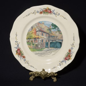 Sareguemines France Obernai dinner plate decorative plate 10 inches porcelain signed Henri Loux mint Faienceries Earthenware village