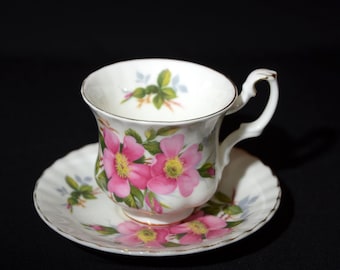Juego de taza y platillo de demitasse de porcelana fina ROYAL ALBERT Prairie Rose, flor rosa, borde dorado, Inglaterra, oro vintage, forma Montrose