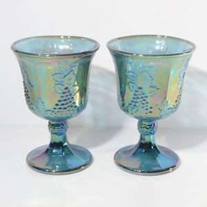 Set of 2 Indiana Glass Carnival Harvest Grape Blue Goblet Stem Glass 5 1/4&quot; tall  vintage footed drinking glass