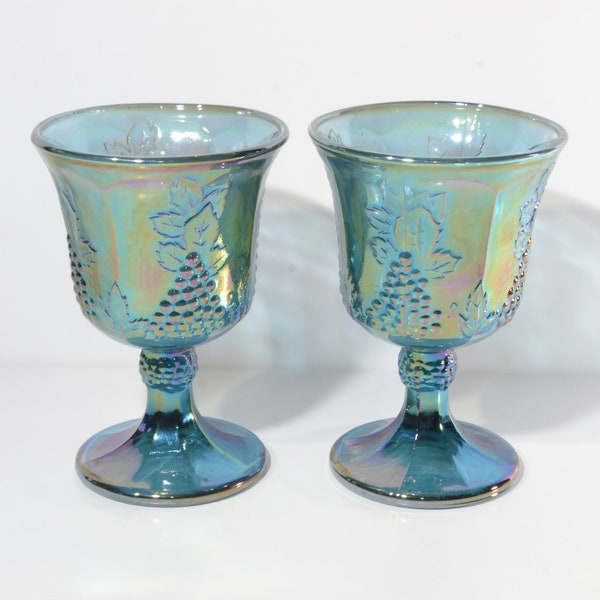 Set of 2 Indiana Glass Carnival Harvest Grape Blue Goblet Stem Glass 5 1/4" tall  vintage footed drinking glass