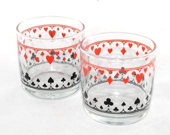 Vintage Set von 2 Senfgläser Mitte des Jahrhunderts Schürhaken 6 Unzen MCM Herz Diamant Club Spade Likör kleines Whiskyglas Schwartz