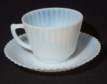 MacBeth Evans teacup and saucer set opalescent depression glass white Cremax Monax Petalware tea cup petal