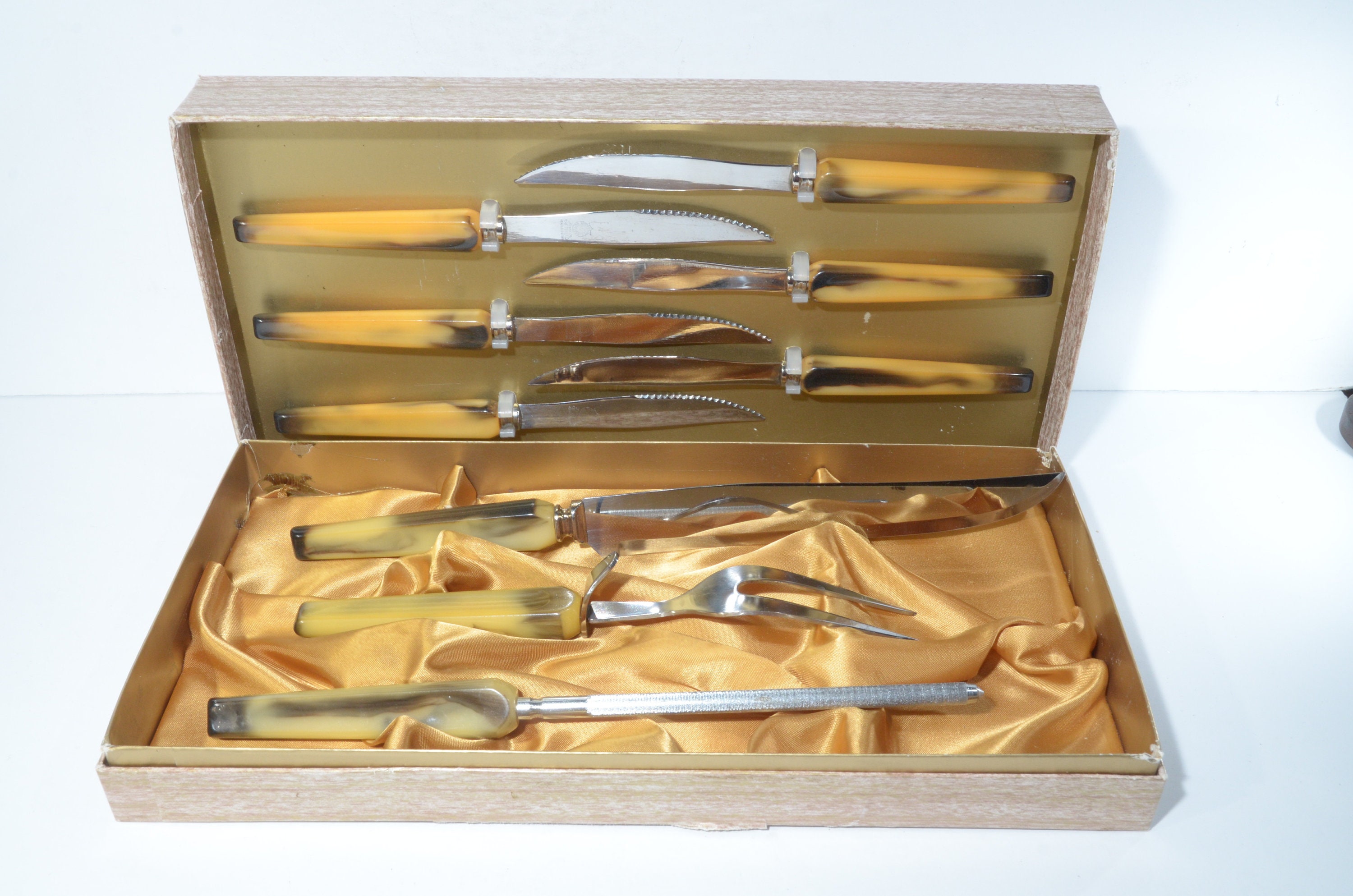 Sheffield 10 teiliges Edelstahl-Set: 6 Steakmesser und ein 3 teiliges Tranchier-Set in einem Besteck Set in einer schönen Box Bakelit Griffe Garantiert