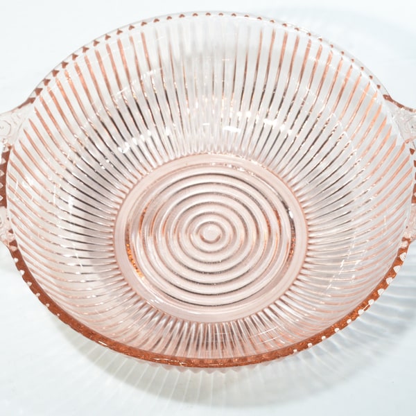 Pink Depression Glass serving bowl salad bowl  Fine rib 8 inches handled spiral circle on bottom CHIP on rim htf