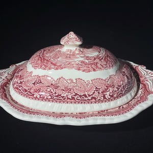 May include: A ceramic serving dish with a lid, featuring a red and white transferware pattern. The design includes detailed botanical leaf motifs around the base and a landscape scene on the lid, complete with a decorative handle on top.