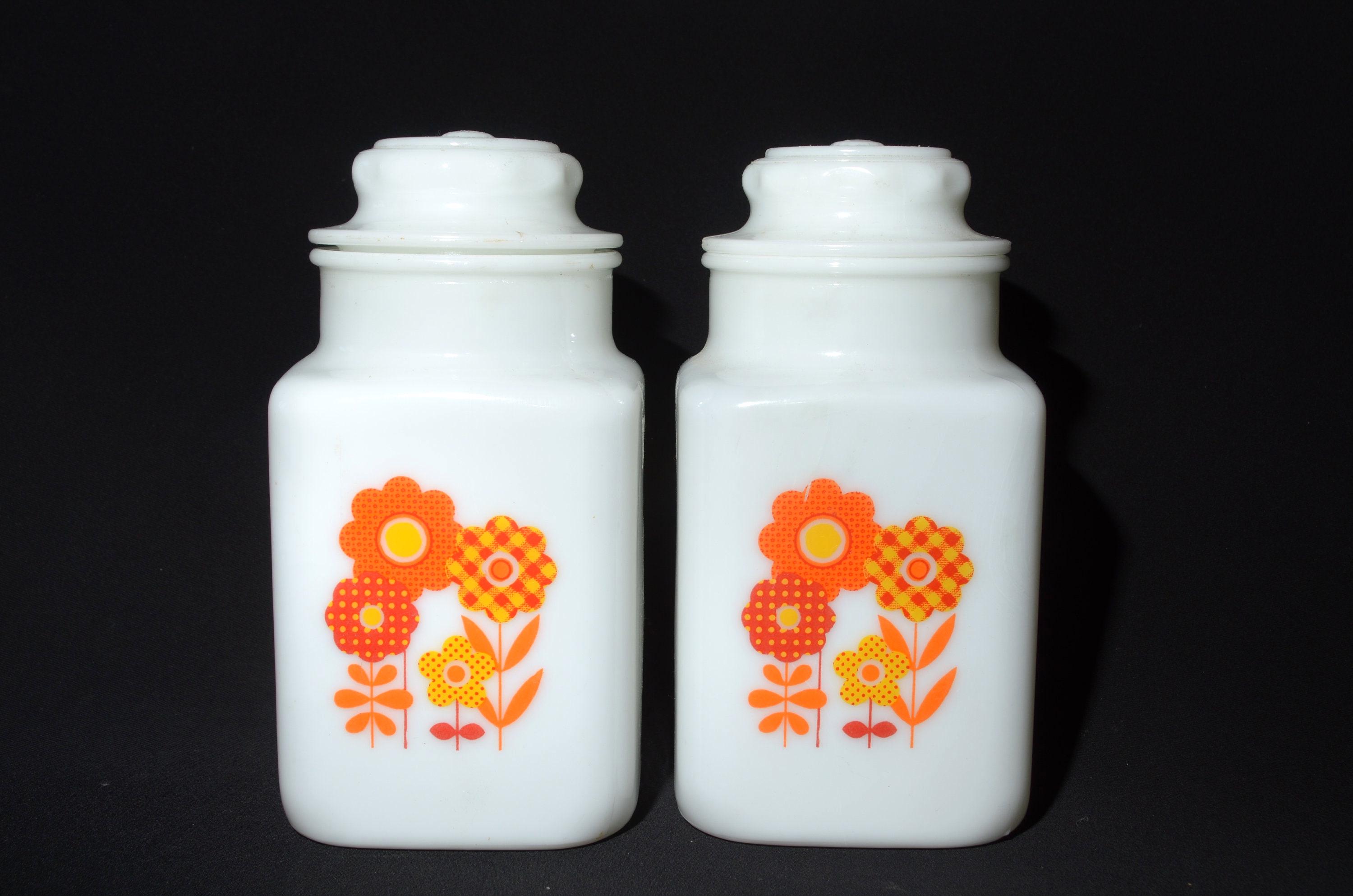 Set of 2 Vintage retro floral red orange yellow milk glass kitchen jar Jar Canister Container mod flowers FLAWS
