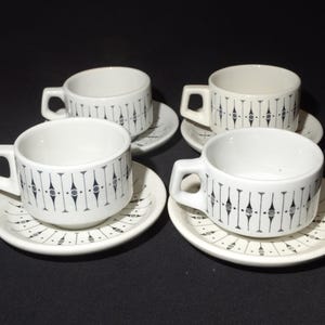 Set of 4 Vintage WH Grindley CONCORD teacup and saucer restaurant ware black and white vitrified England ironstone