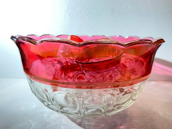 Indiana Glass Cranberry Glass Punch Bowl Set 11 Glasses Footed