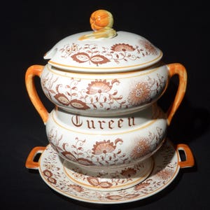 Vintage Brown Zwiebel Terrine mit Deckel und Unterteller Japan Gebrannte Orange FLAWS