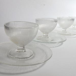 Set of 4 DOMINION GLASS Vintage Depression Glass Saguenay clear glass sherbet & saucer dessert cup 1940s