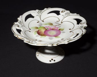 Plato de servir con pedestal SHAFFORD vintage decorado a mano de 19 cm (7 1/2 pulgadas), con base, ideal para frutas vintage como peras, manzanas y oro.