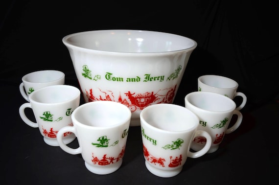 HAZEL ATLAS 1950s Tom and Jerry Egg Nog Set 6 Cups Punch Bowl