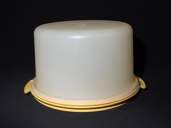 Vintage Tupperware Kuchenbehälter, rund, hergestellt in Kanada, Modell 683/684, senfgelb, goldfarbener Boden, transparente Kuppel, 30 cm Durchmesser