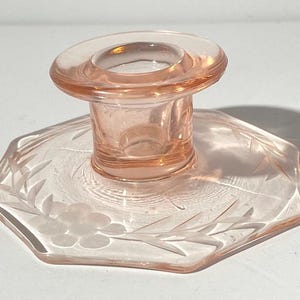 Pink Depression glass Candlestick Holder vintage candle holder etched floral octogonal excellent condition
