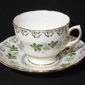 COLCLOUGH teacup and saucer set numbered 8250 Gold Rimmed England Vintage tea cup  green and gray leaf gold scroll fall autumn teacup