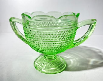 DAMAGED Green depression glass sugar bowl double handled scalloped edge dots stripes uranium glass