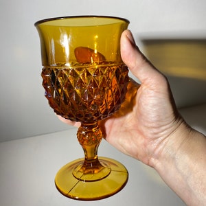 Vintage Diamond Point Amber Set of 4 Water Goblet Footed 6.5 tall Wine by Indiana Glass mcm image 6