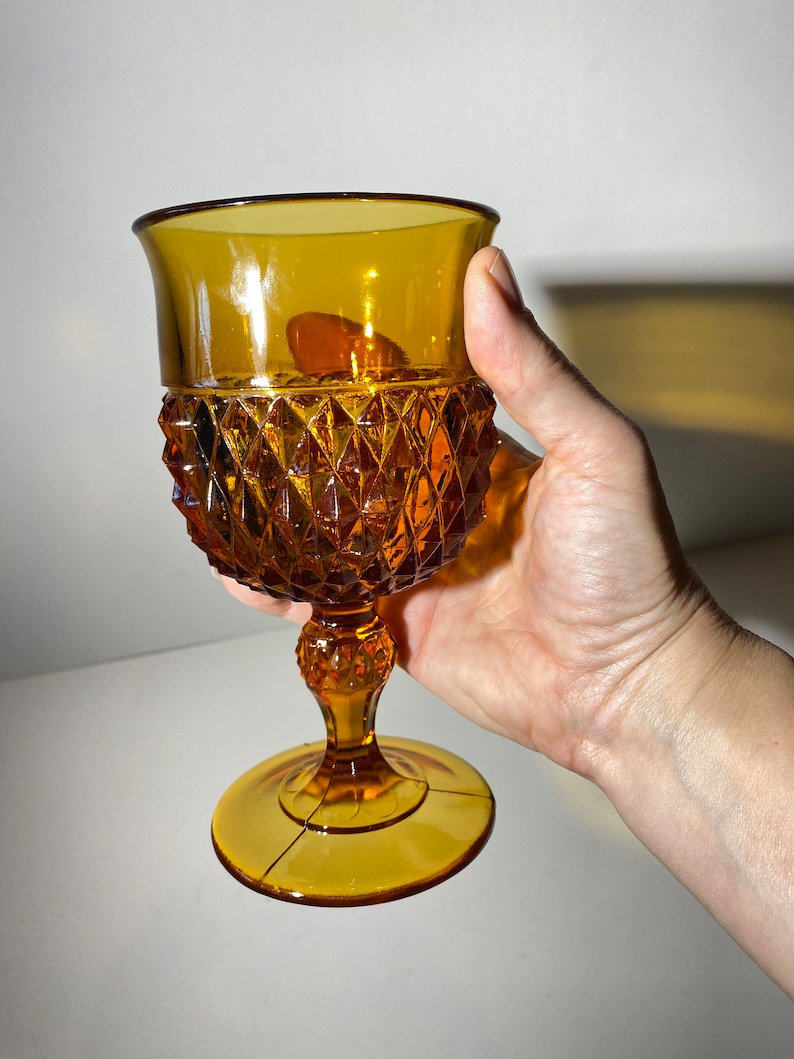 Vintage Diamond Point Amber Set of 4 Water Goblet Footed 6.5 tall Wine by Indiana Glass mcm image 6