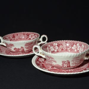 Copeland SPODE&#39;S TOWER Pink set of 2 cream soup bowl and saucer set England red  transferware bowl double handled floral Spode 4 pc