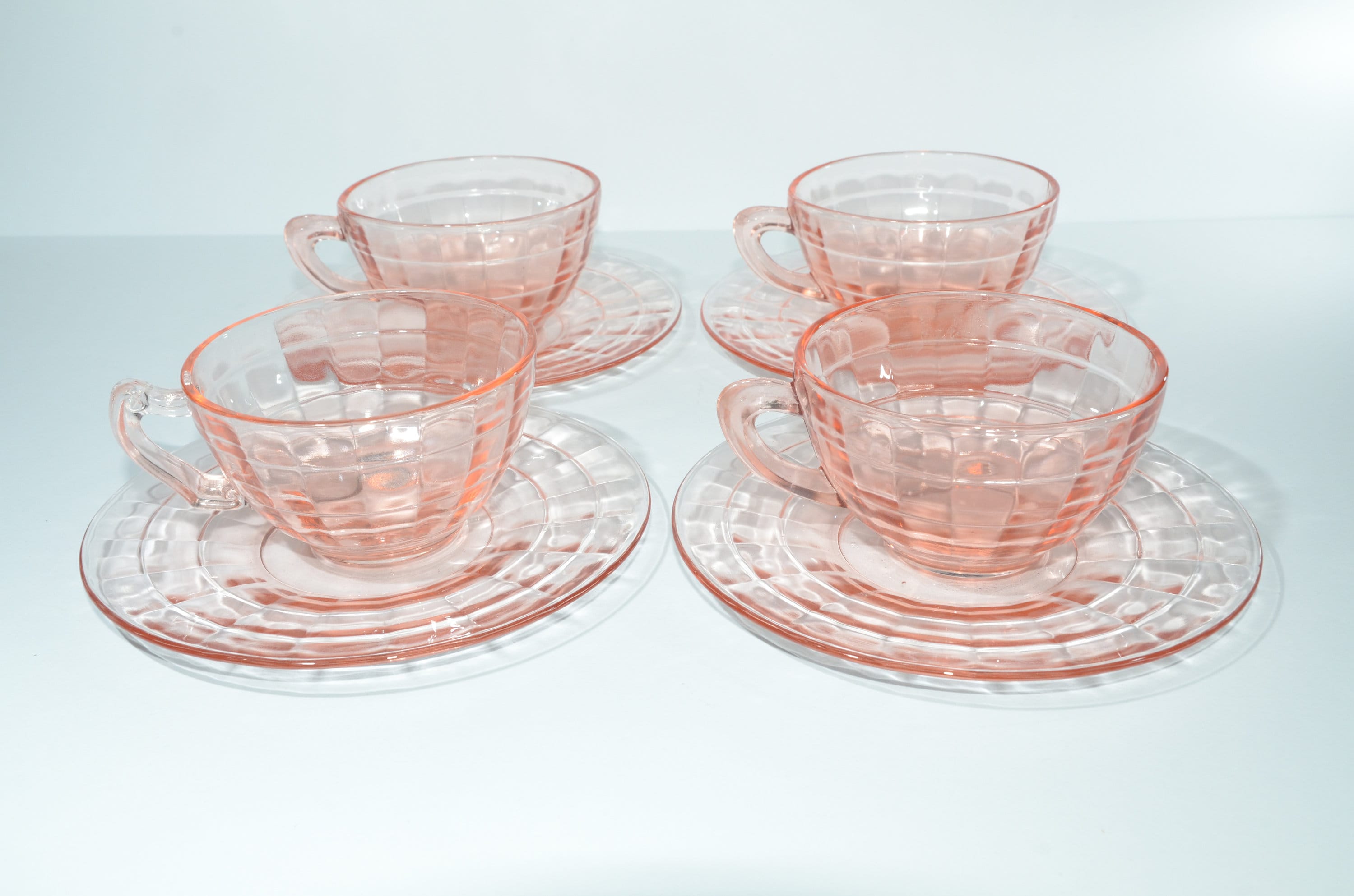 Antique Pink Depression Glass Square Optic Tea Cup and Saucer Set