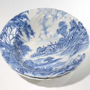 Set of 2 Vintage Ridgway soup bowl Staffordshire blue transferware England Meadowsweet Ironstone country scene excellent condition