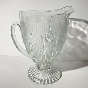 Vintage Depression Glass IRIS AND HERRINGBONE Jeannette Glass pitcher 9 inches Clear Pressed Glass Depression Era