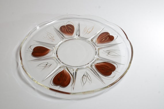 Vintage Platter Anchor Hocking 50s Serving Dish Glass Painted Leaves Leaf Brown Gold Clear Accent Modern Etsy Canada