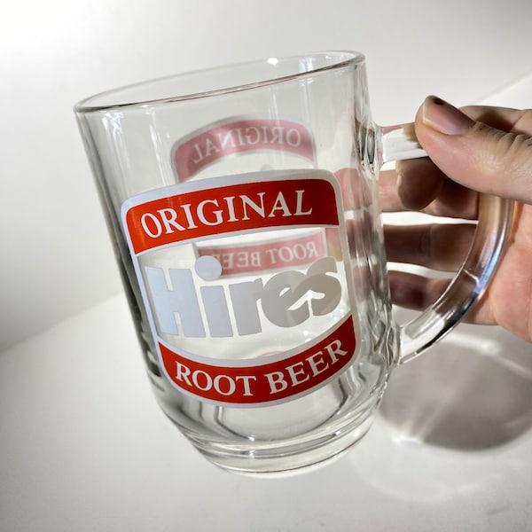 Vintage Werbung Original Hires Root Beer Glasbecher 5 Zoll großer, klarer oranger und weißer Logo Bierkrug