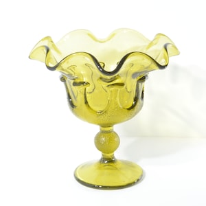 Green Glass pedestal ruffled bowl candy dish compote centerpiece trinket bowl Vintage footed textured wonderful condition