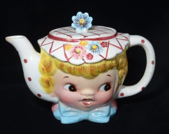 Couvercle de théière/cafetière vintage Lefton Miss Dainty des années 1950, cuisine ESD 6819, chapeau à nœud bleu, ENDOMMAGÉ