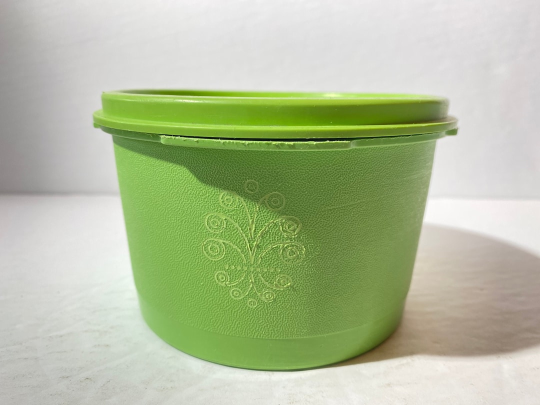 Vintage TUPPERWARE Green Lime Apple Green Round Canister 1297