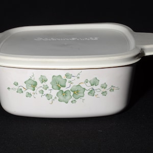 CORNING WARE 1-1/2 Qt Vintage Callaway Green Leaves Casserole plastic Lid Covered Casserole Dish Pyroceramic Pyrex USA