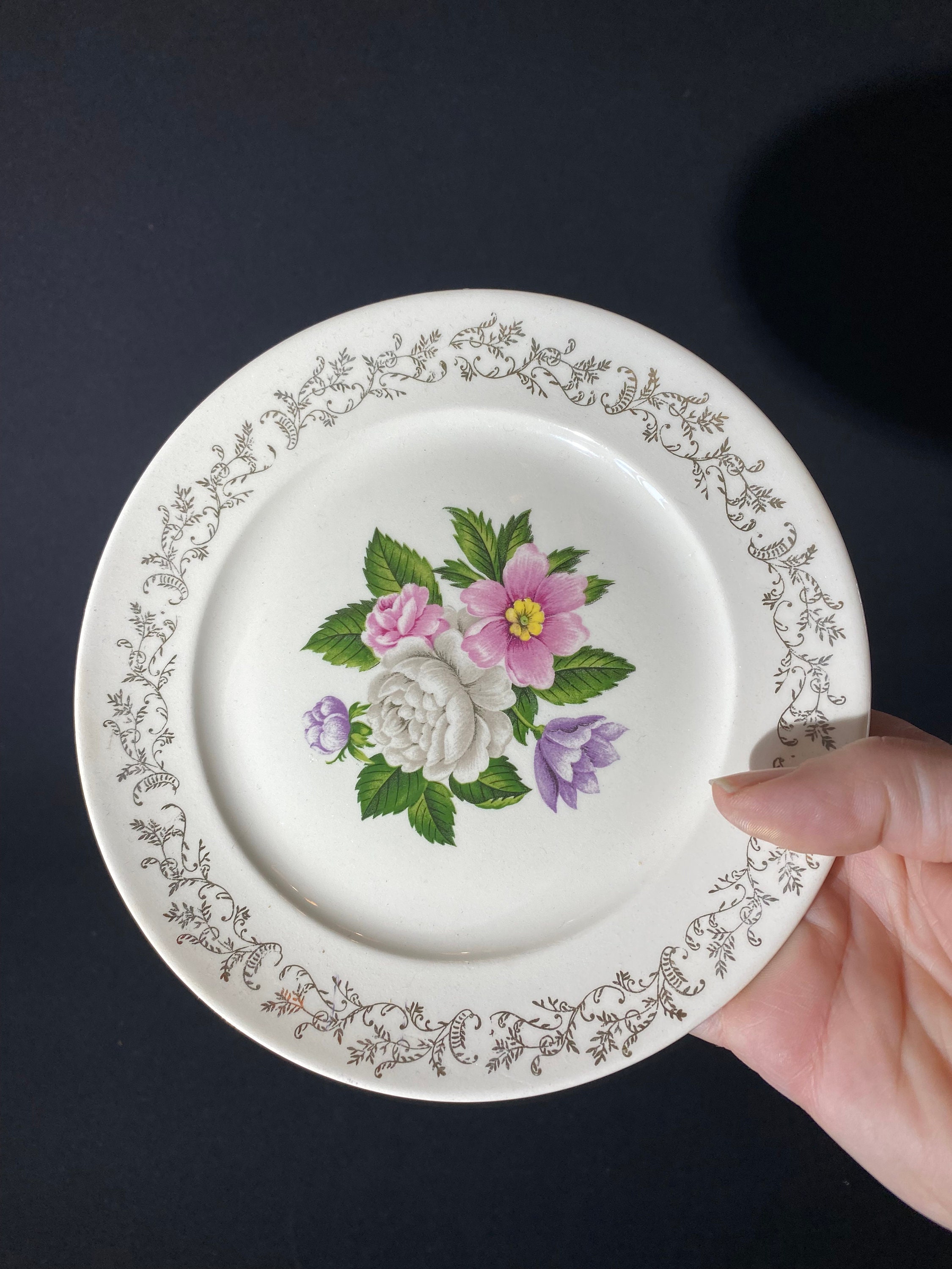 22K Gold British Empire Ware Bouquet Trio Dessert Plate