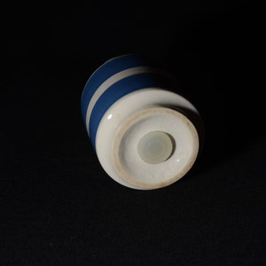May include: A white ceramic salt or pepper shaker with blue stripes. The shaker has a white plastic stopper on the bottom.