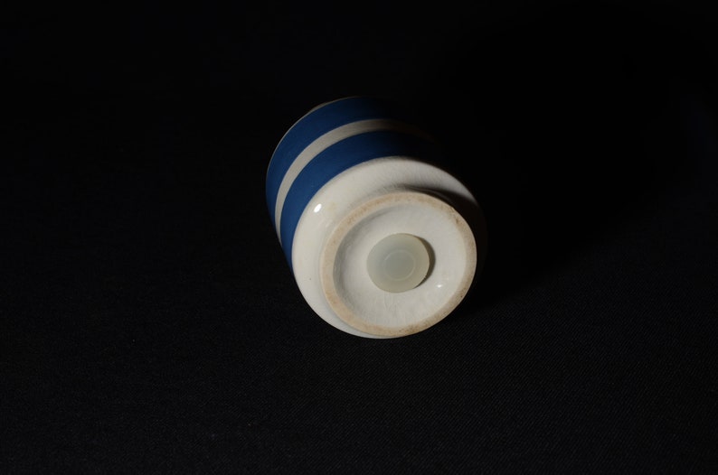 May include: A white ceramic salt or pepper shaker with blue stripes. The shaker has a white plastic stopper on the bottom.