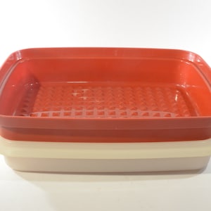 Vintage TUPPERWARE 1518 Season and Serve Meat Vegetable Marinade Tenderize Paprika color Orange Plastic container USA white lid 1519